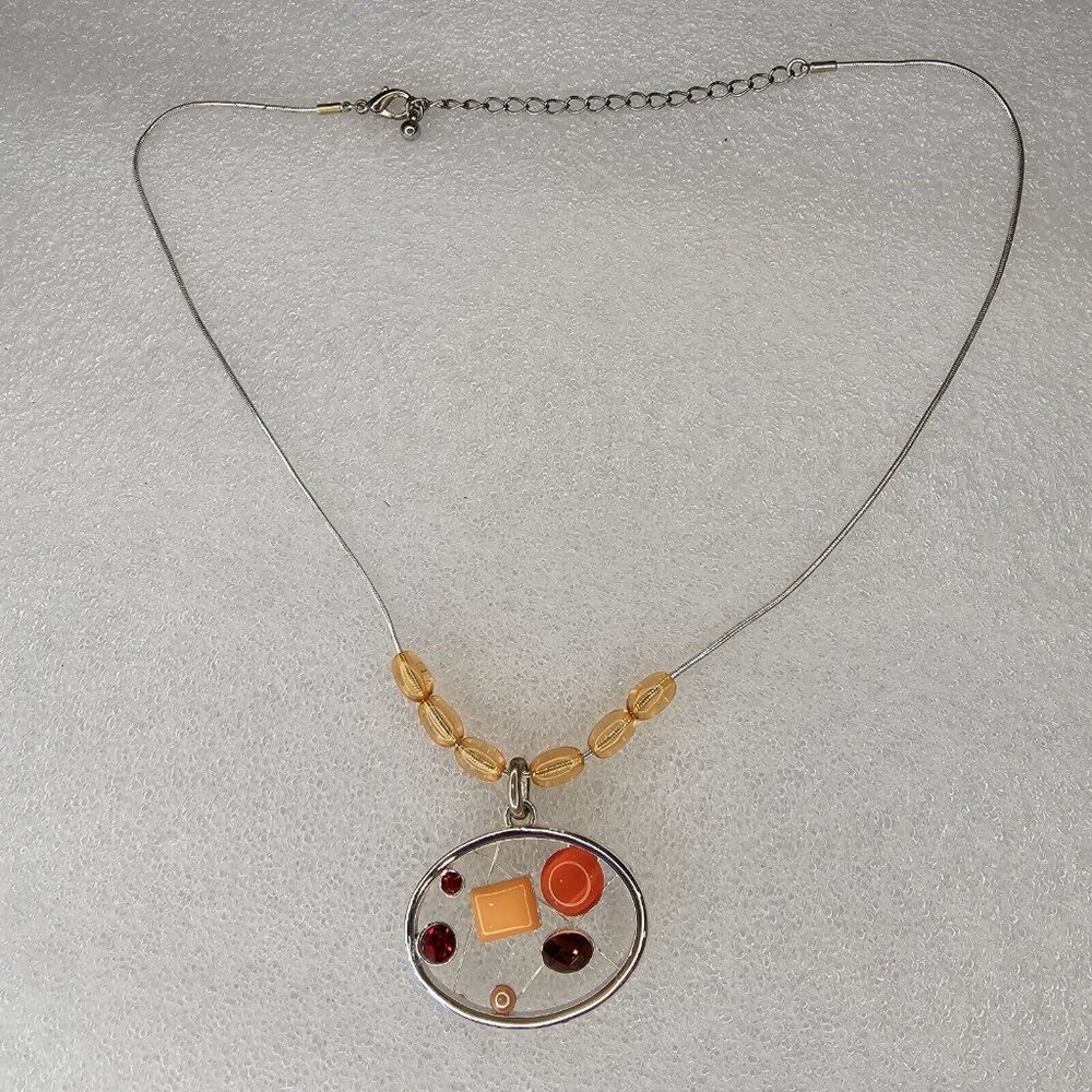 Womens Pendant Necklace Silver Tone Orange Open‎ Metalwork Fall Autumn Amber